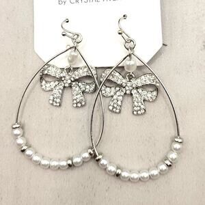 Silver Crystal Bow Pearl Teardrop Earrings